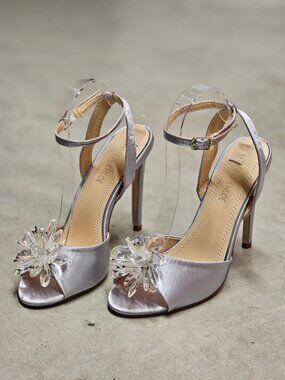 Crystal Embellished Silver Satin High Heel Sandals With Ankle Strap & Peep Toe F